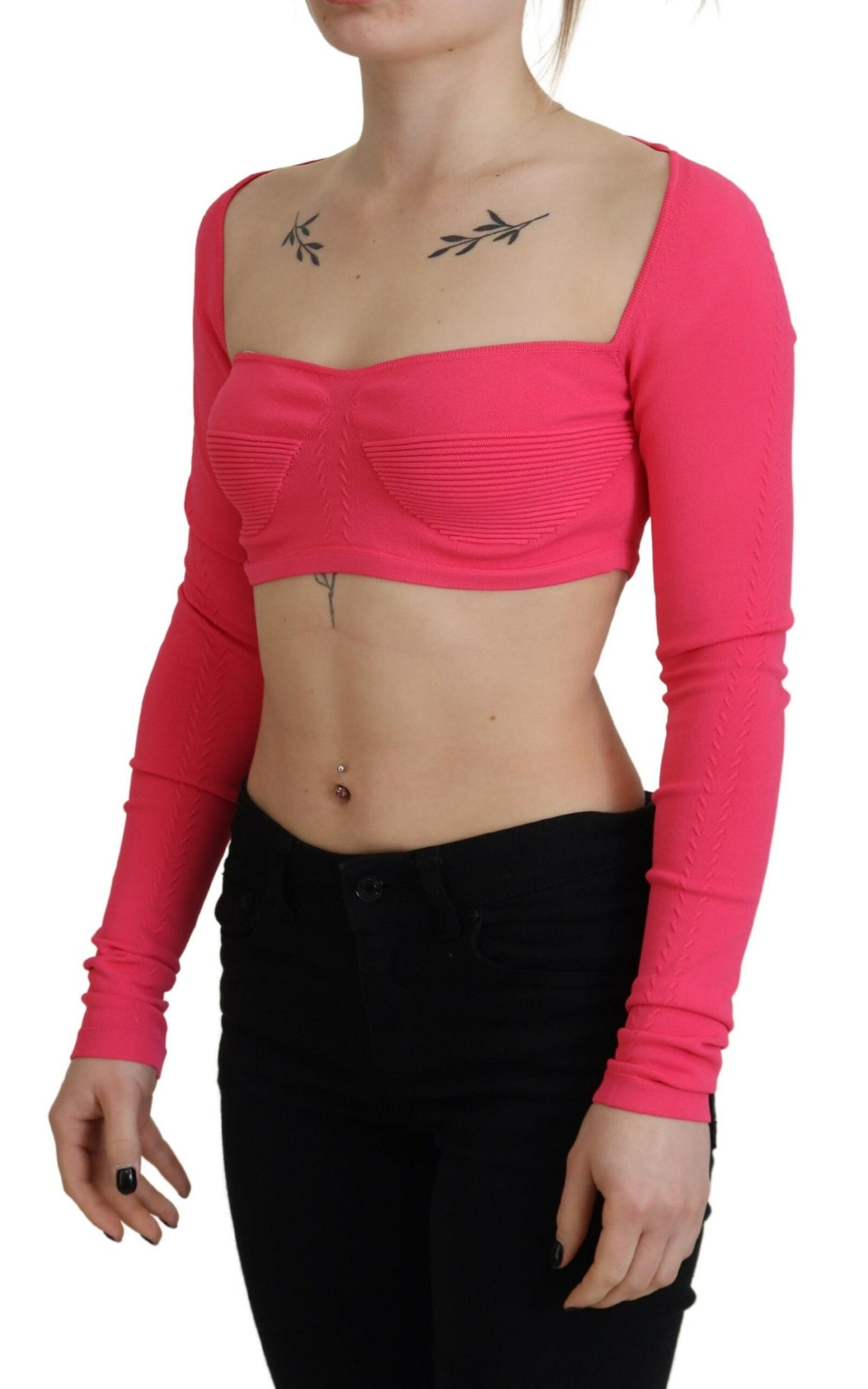 Pink Viscose Knit Square Neck Long Sleeves Top