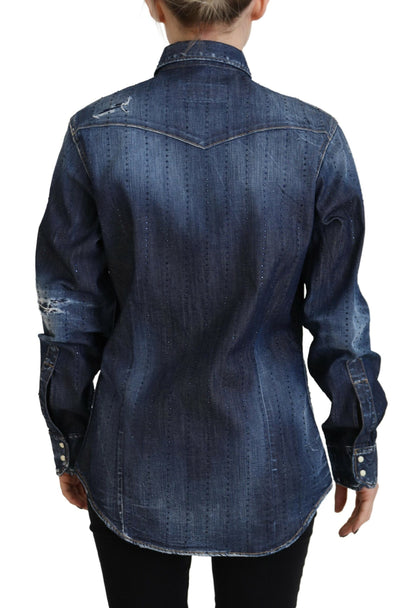 Blue Washed Cotton Button Down Collared Denim Top