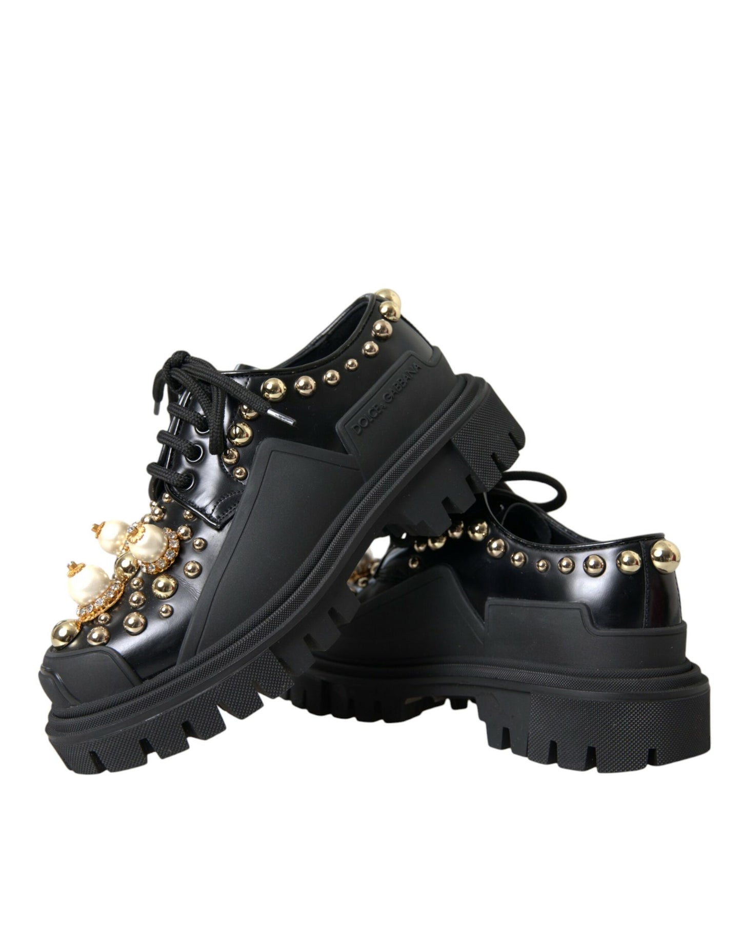 Black Leather Trekking Derby Embellished Shoes