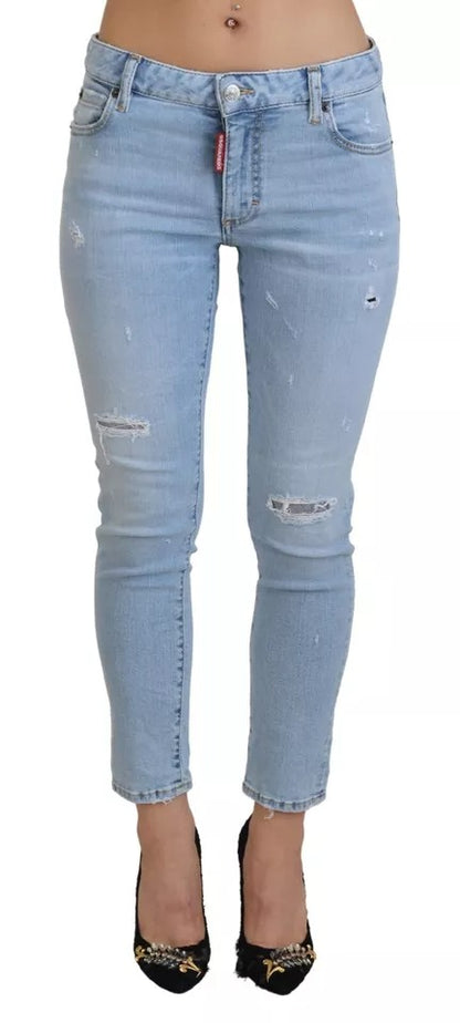 Blue Tattered Mid Waist Cropped Twiggy Denim Jeans