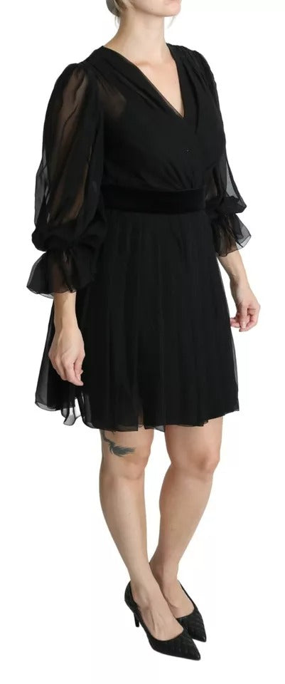 Black Mesh Pleated Mini Silk Blend Dress