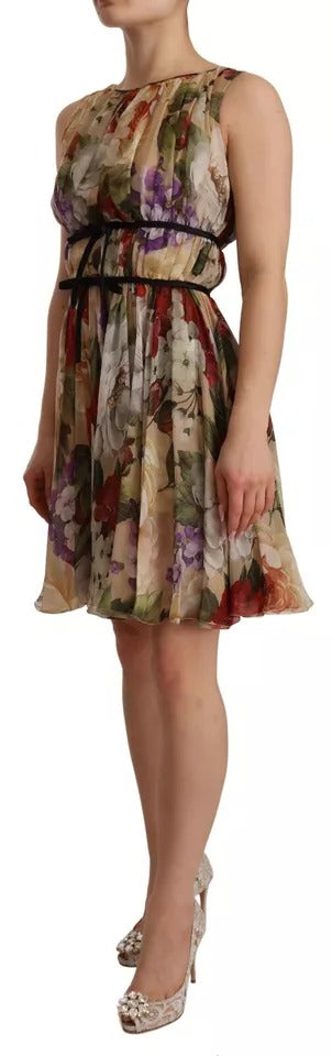 Beige Floral Sleeveless Round Neck Mini Dress