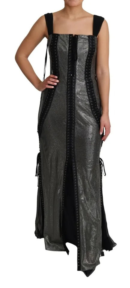 Black Crystals Lace Up Runway Gown Dress