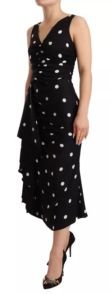 Black Silk Polka Dots V-neck Sheath Midi Dress