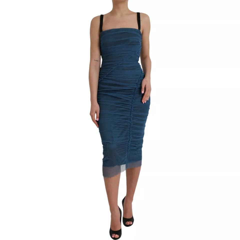 Blue Mesh Trim Ruched Tulle Sheath Dress