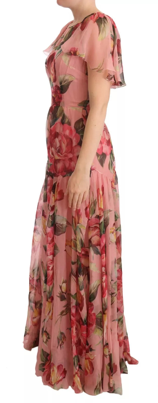 Pink Silk Floral Print Layered Maxi Dress