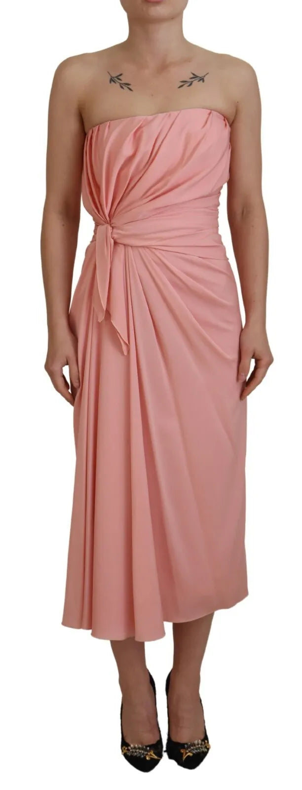 Pink Silk Stretch Strapless Sheath Midi Dress