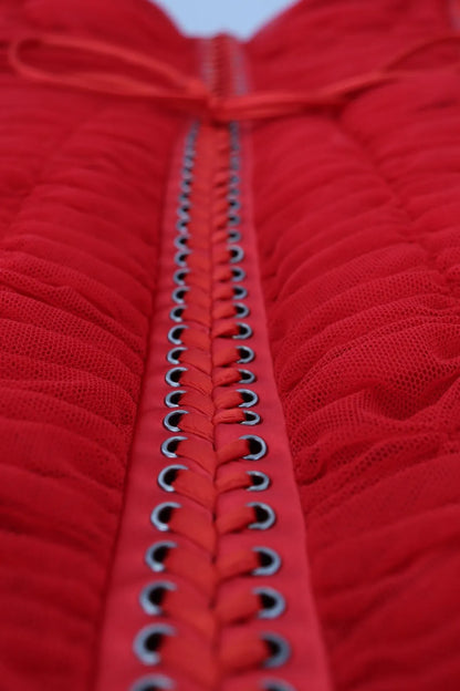 Red Mesh Trim Bodycon Sheath Midi Dress