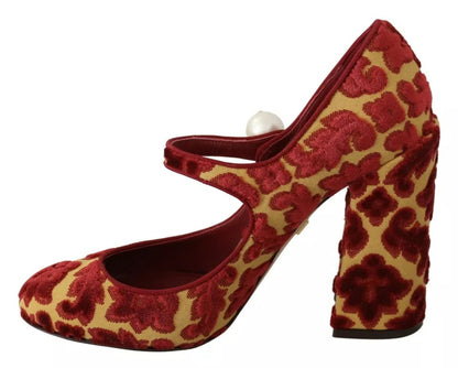 Red Floral Brocade Heels Mary Janes Pumps Shoes