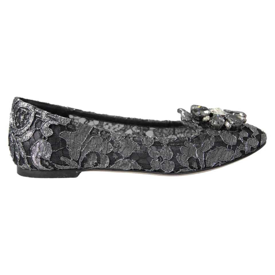 Gray Black Lace Crystal Ballet Loafers Shoes