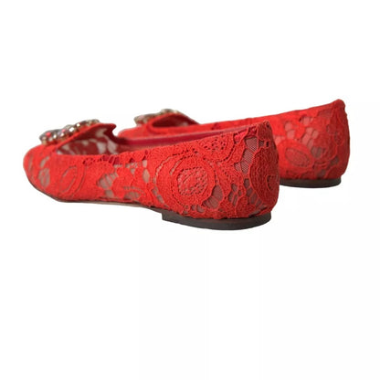 Red Lace Crystal Ballet Loafers Shoes