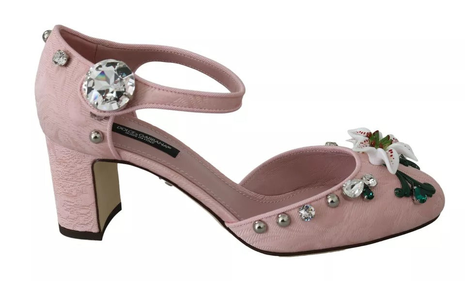 Pink Brocade Crystal Lily Ankle Strap Shoes