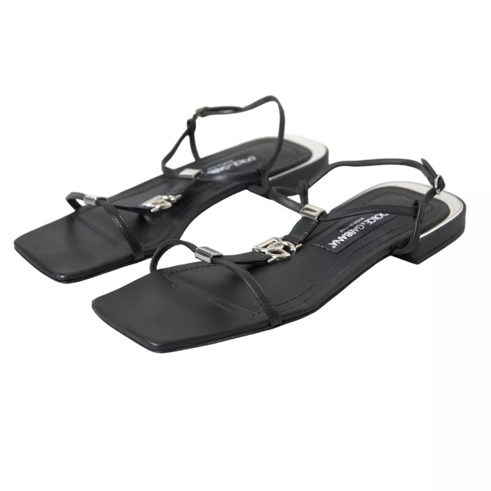 Black Leather DG Logo Flats Sandals Shoes