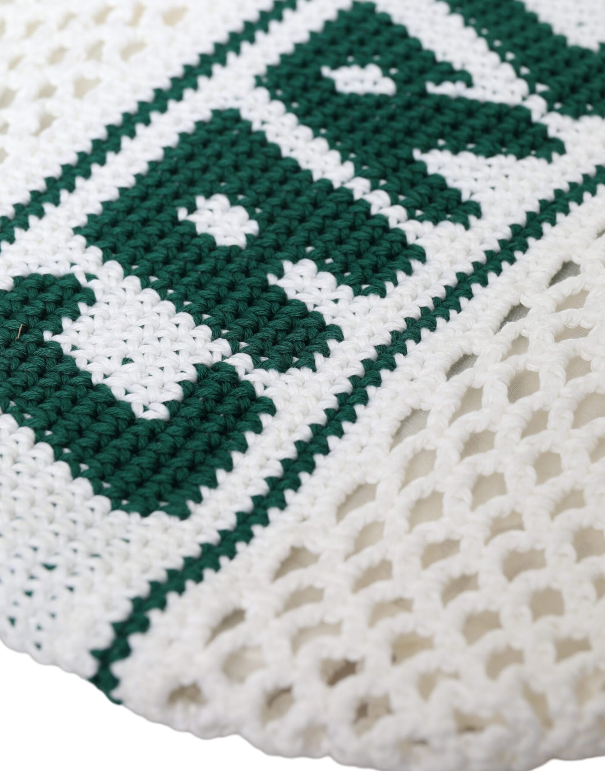 White Green Knitted Cotton Logo Shopping Tote Bag