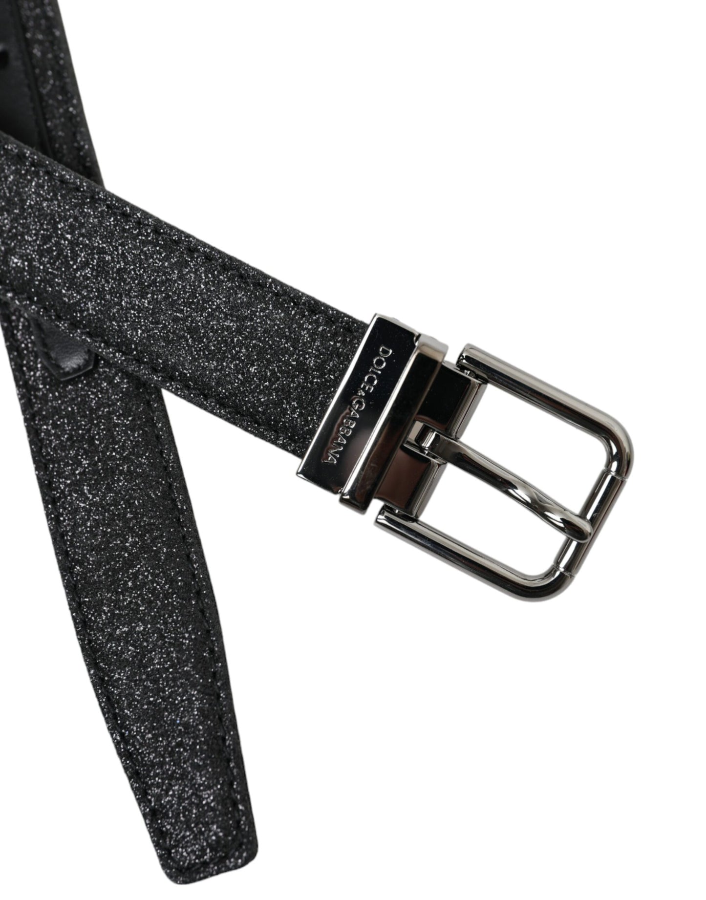 Black Glittered Leather Silver Buckle Belt