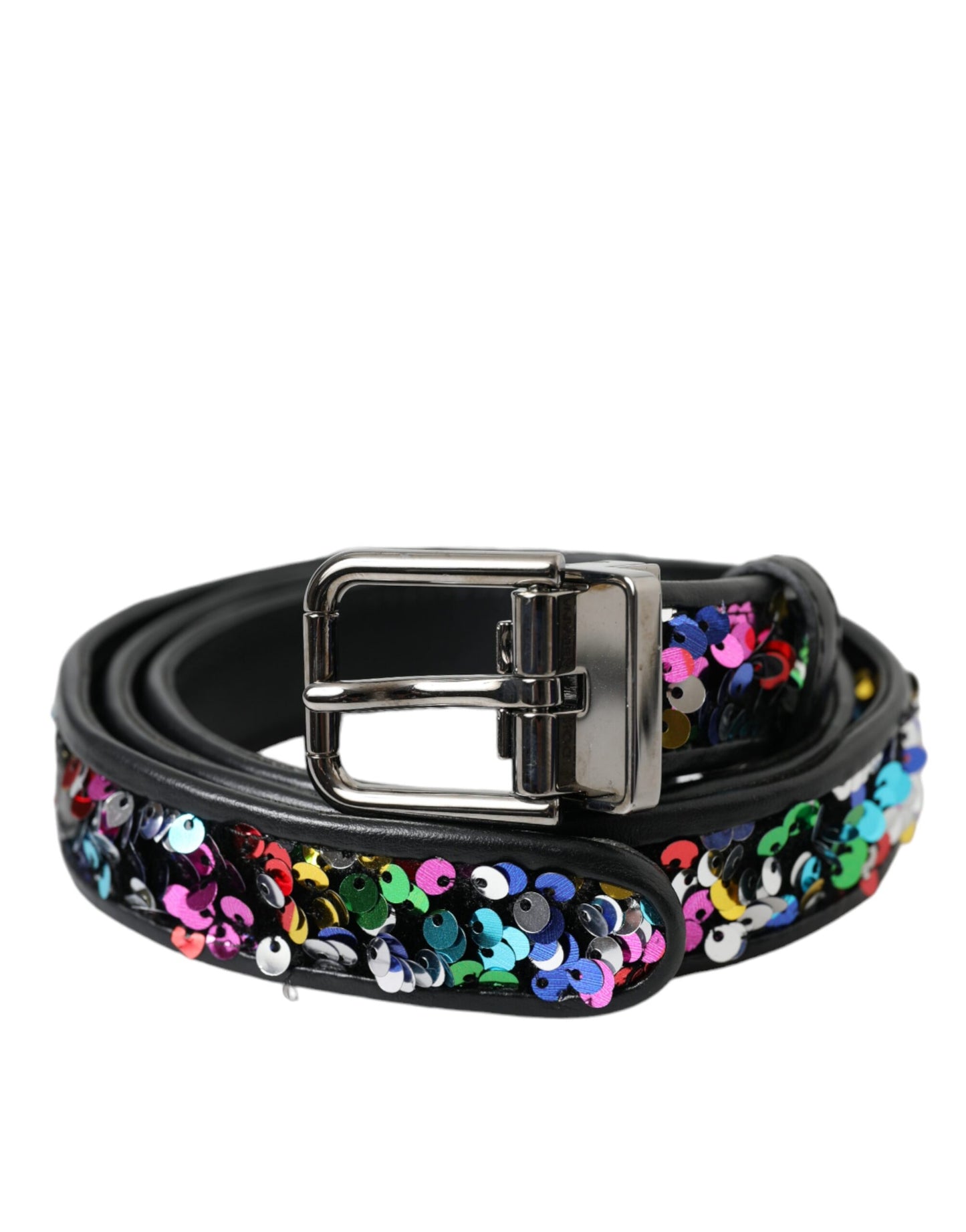 Black Sequined Silver Metal Buckle Women Belt