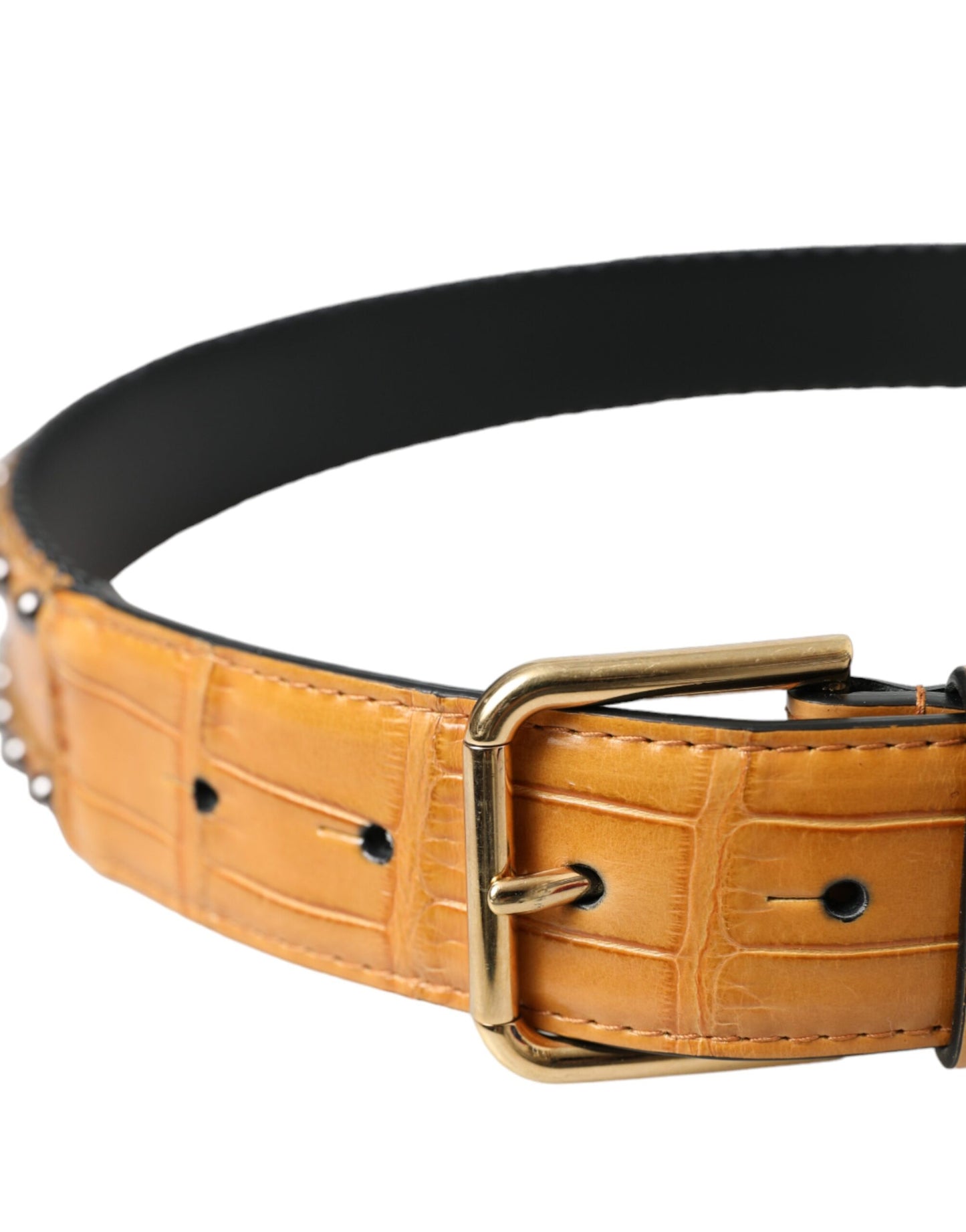 Beige Alligator Leather Studded Metal Buckle Belt