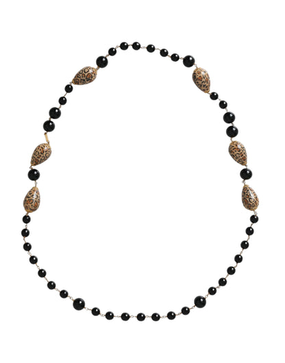 Gold Tone Brass Black Printed Beaded Long Chain Necklace