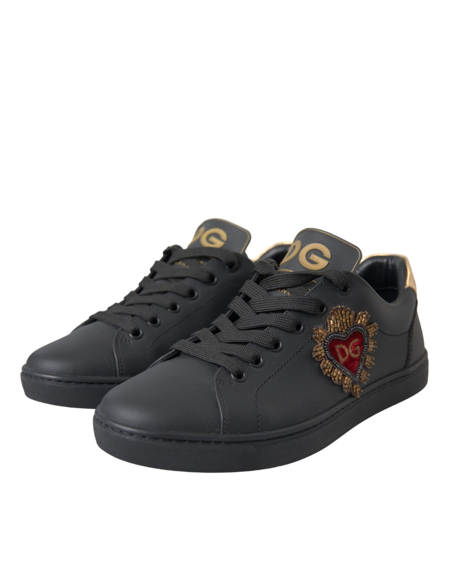 Black Leather Heart Embellished Sneakers Shoes