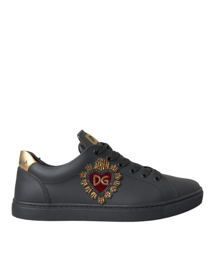 Black Leather Heart Embellished Sneakers Shoes