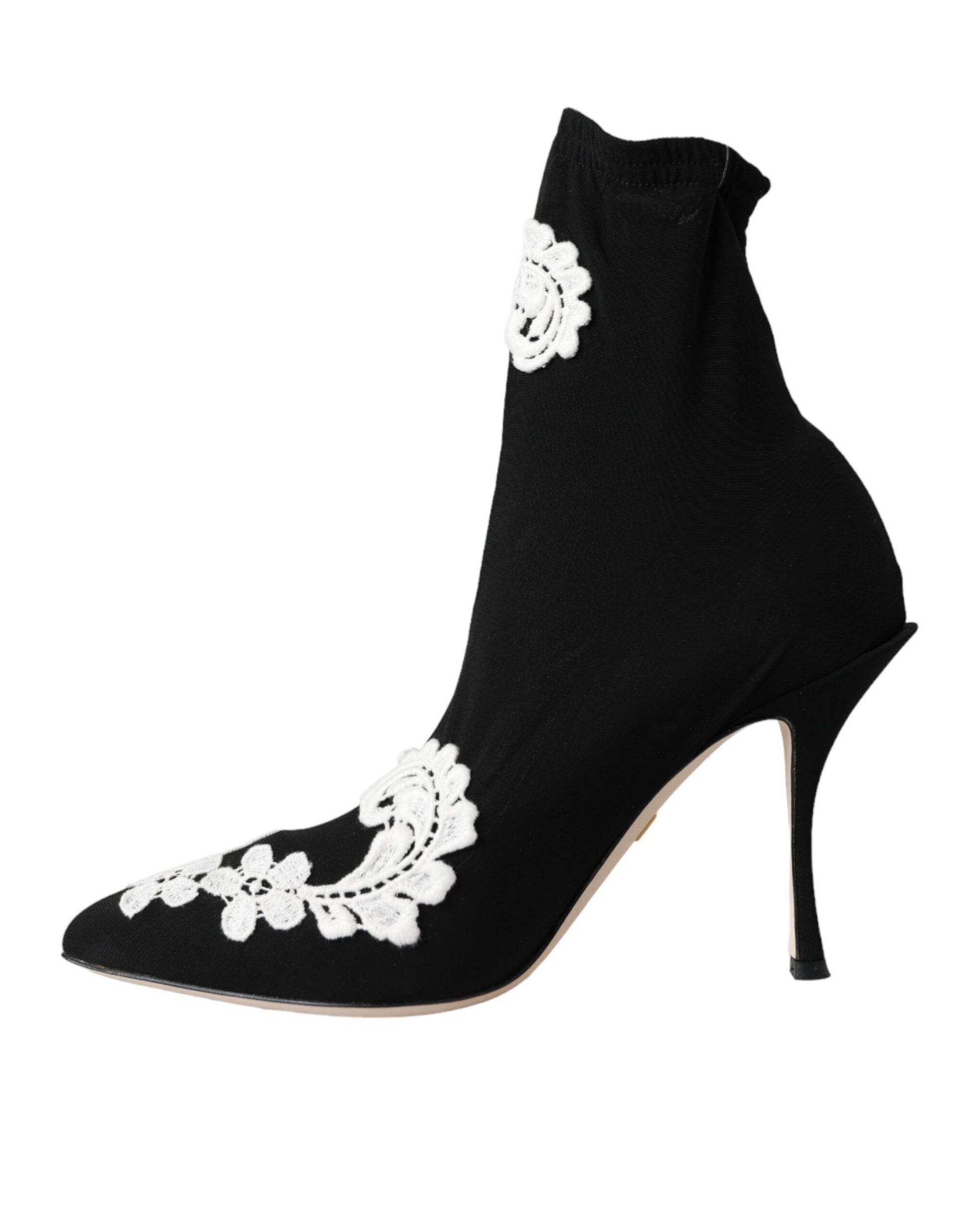 Black White Embroidery Slip On Boots Shoes