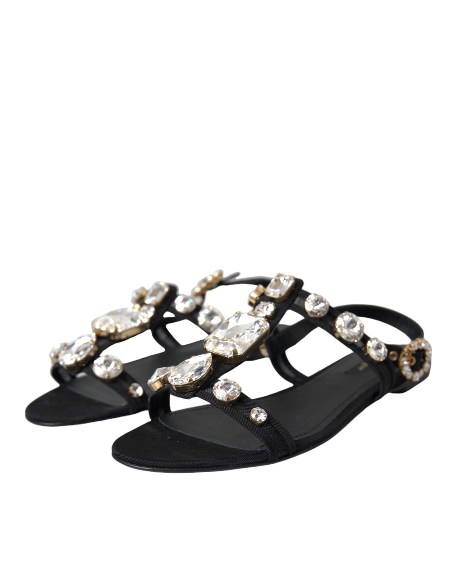 Black Leather Crystal Flats Sandals Shoes