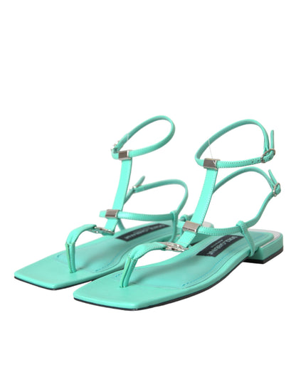 Aqua Green Leather Ankle Strap Flats Sandals Shoes