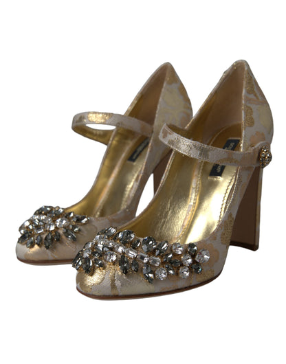 Gold Jacquard Crystal Mary Janes Pumps Shoes