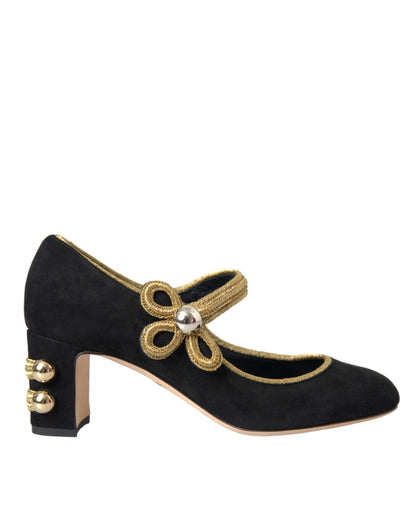 Black Suede Gold Mary Janes Heels Pumps Shoes