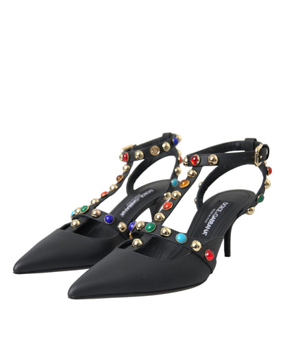 Black Leather Embellished Heels Sandal Shoes