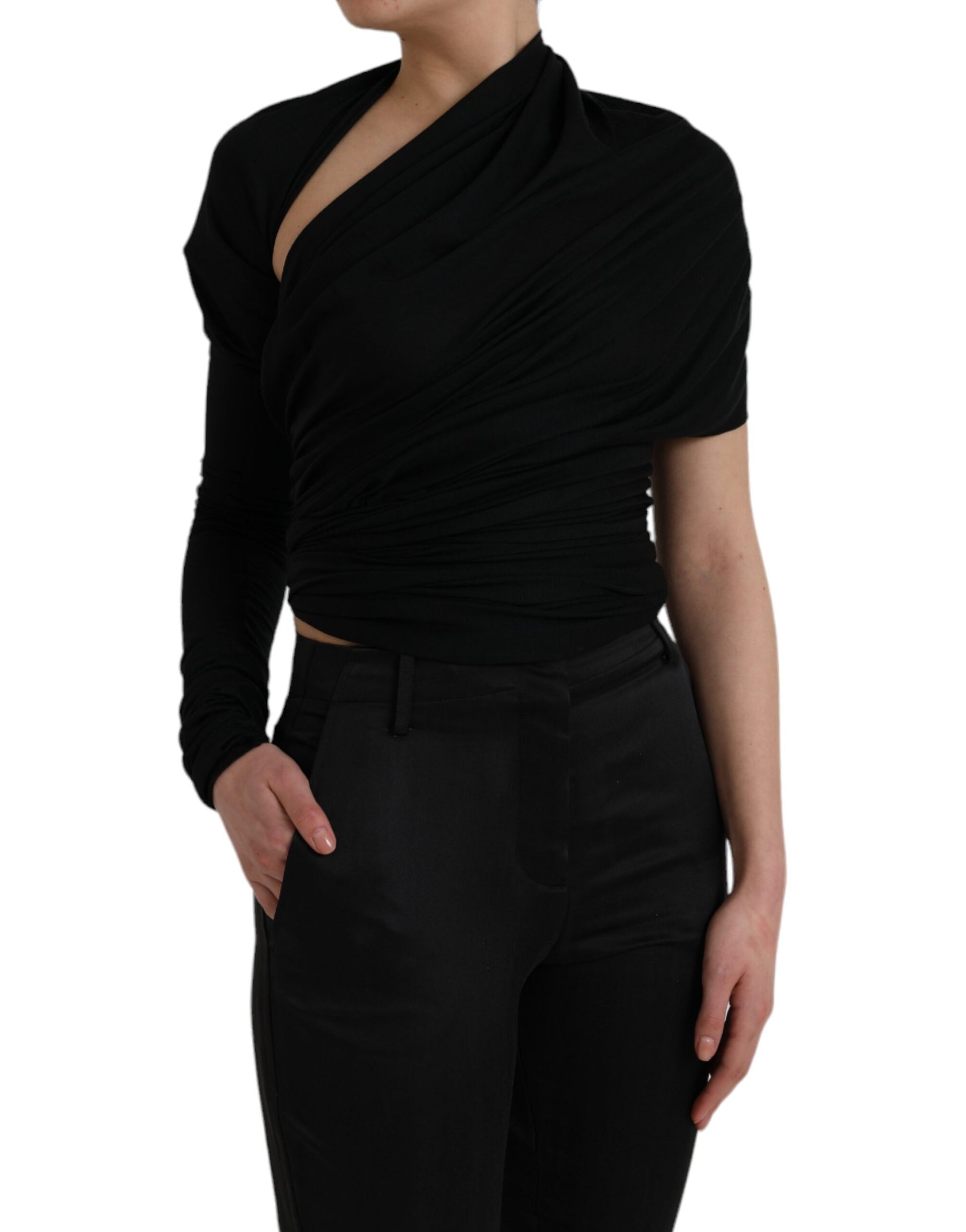 Black Wool Cutout Asymmetric Long Sleeve Top