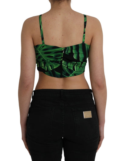 Black Green Leaf Silk Halter Cropped Top