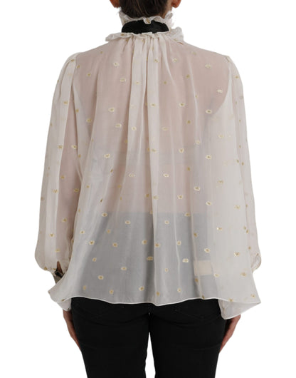 Off White Silk Blend Ascot Collar Blouse Top