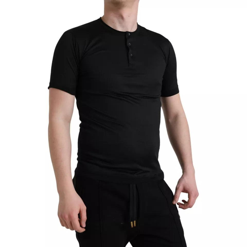 Black Buttoned Roundneck Short Sleeve T-shirt