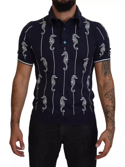 Dark Blue Sea Horse Collared Polo T-shirt