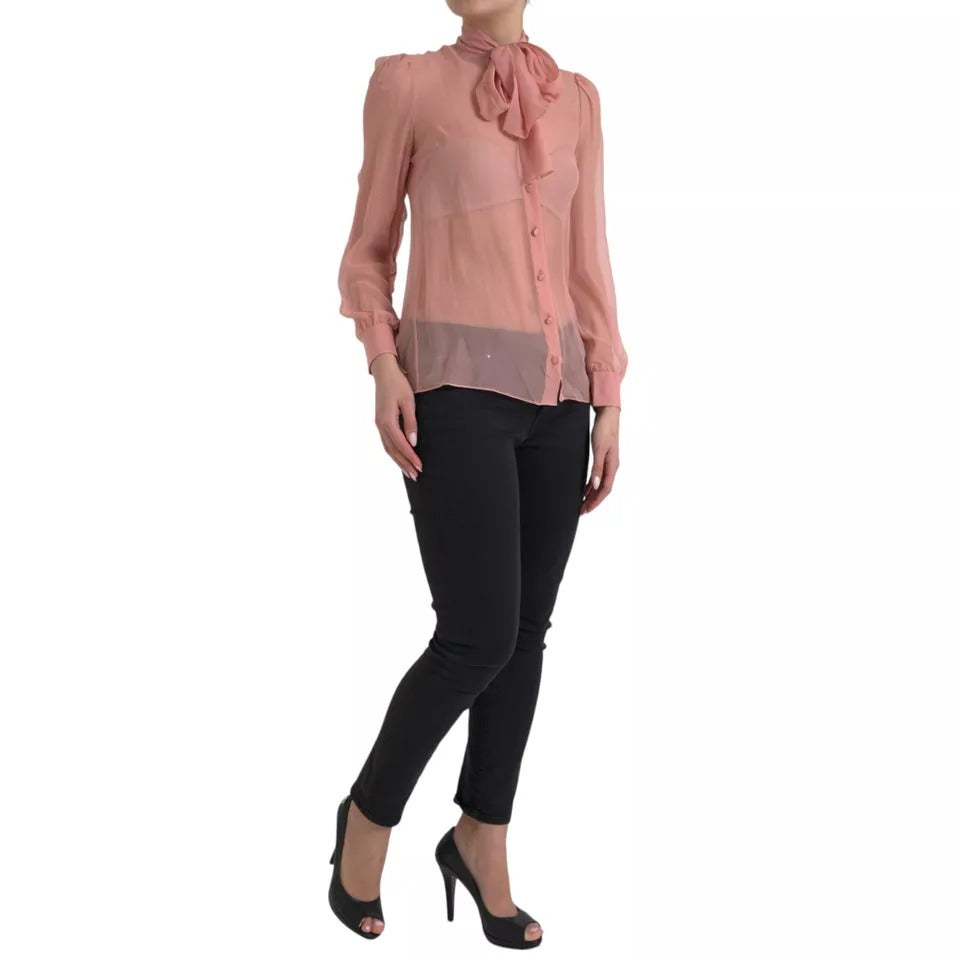 Pink Long Sleeves Ascot Collar Top Blouse