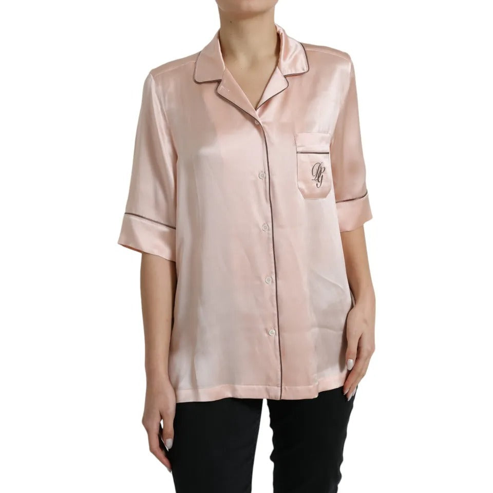 Pink Silk Long Sleeves Logo Pajama Blouse Top