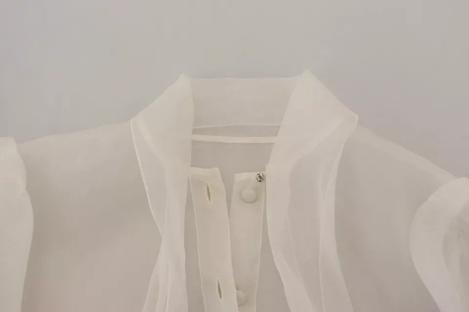 White Ascot Collar Long Sleeves Blouse Top