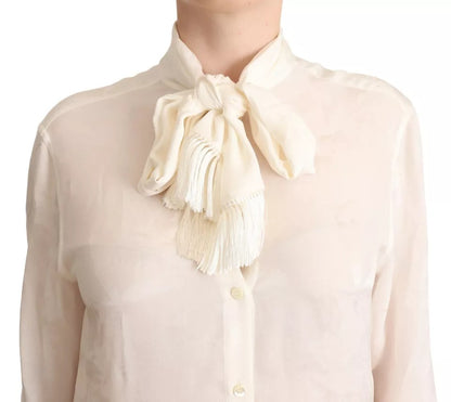 White Blouse Ascot Collar Shirt Silk Button Top