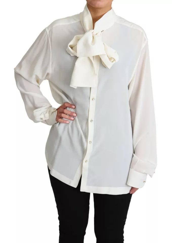 White Blouse Ascot Collar Shirt Silk Top