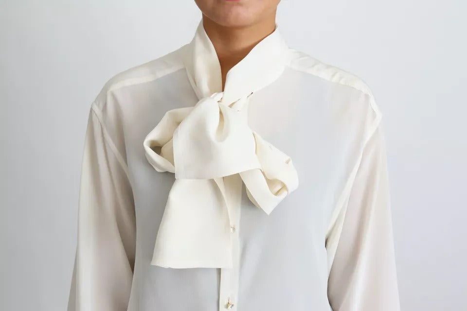 White Blouse Ascot Collar Shirt Silk Top