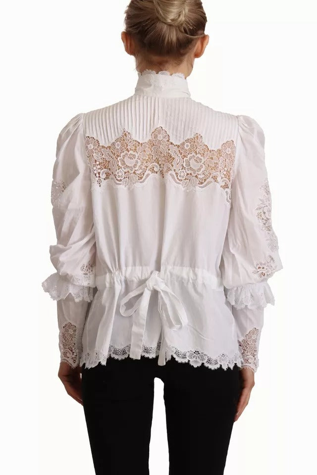 White Cotton Lace Trim Turtle Neck Blouse Top