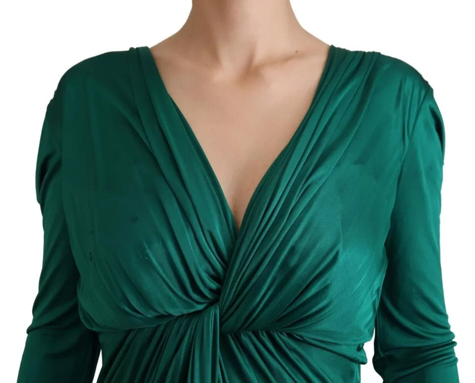 Dark Green Viscose Long Sleeve Midi Dress