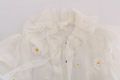 Elegant White Silk Daisy Blouse