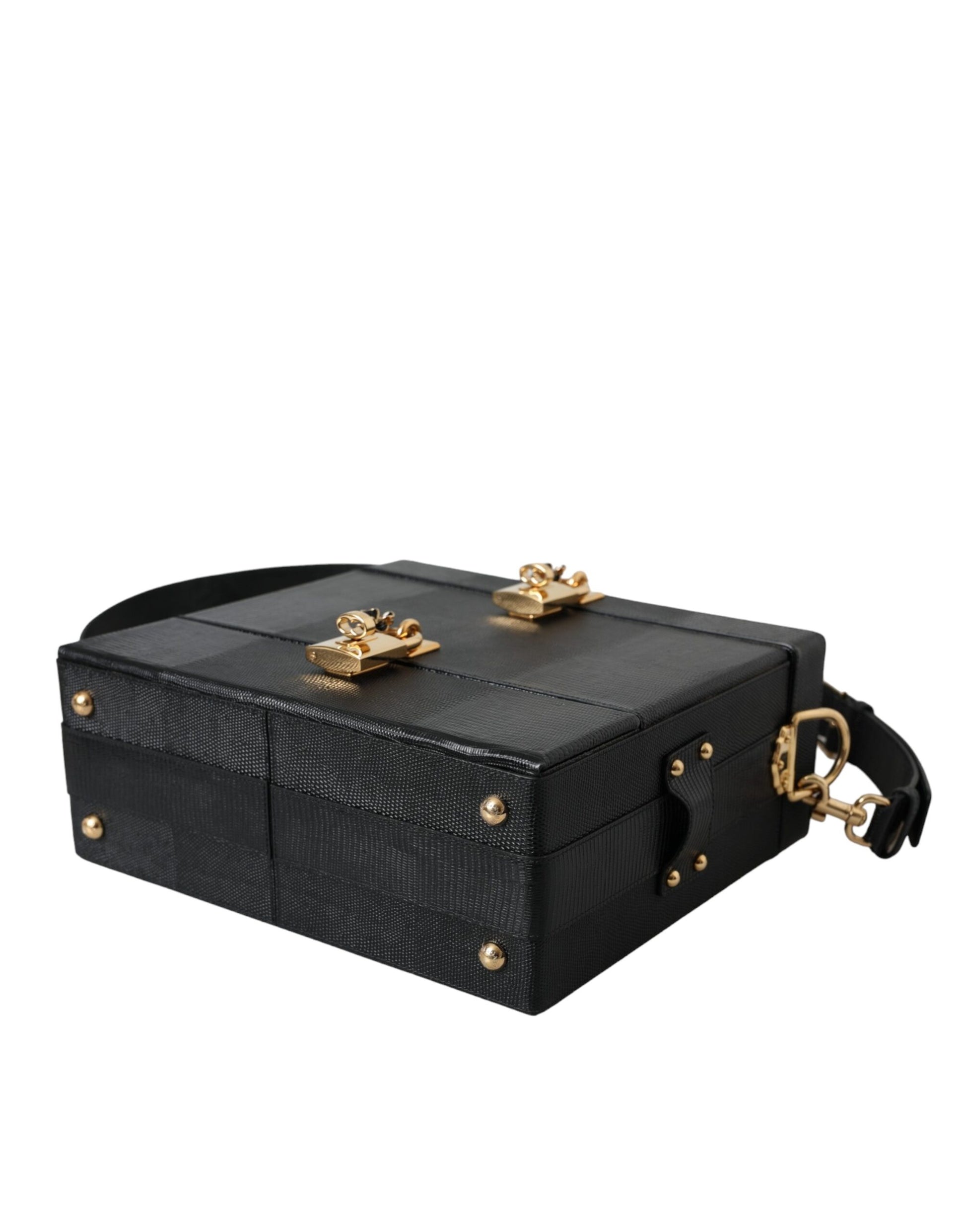 Black Lizard Embossed Calfskin Leather Double Box Bag