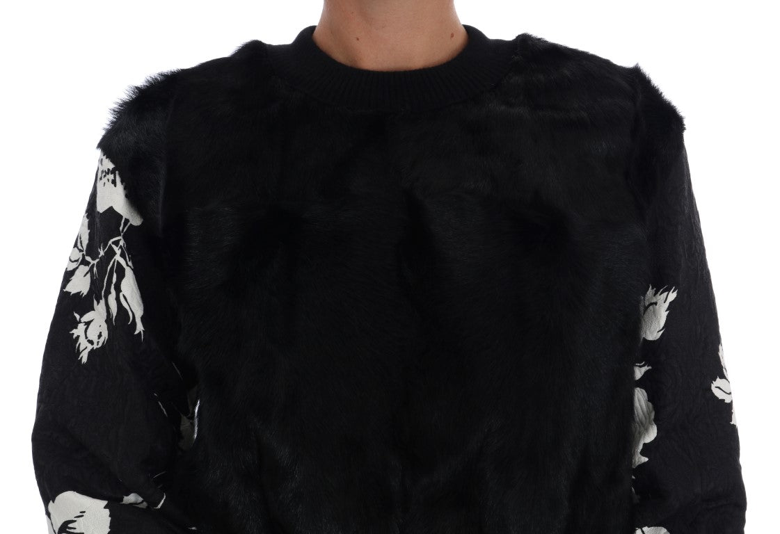 Floral Brocade Black Fur Sweater