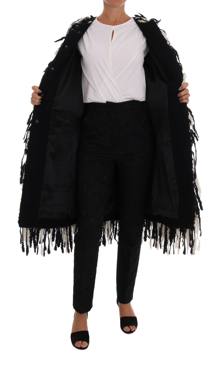 Black and White Fringed Wool Coat Jacket