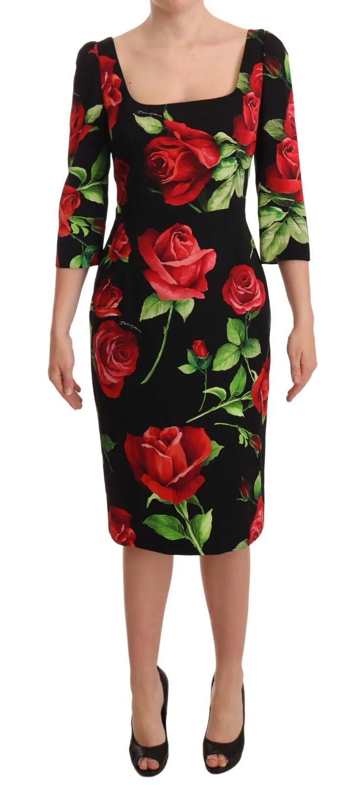 Black Red Roses Sheath Silk Stretch Dress