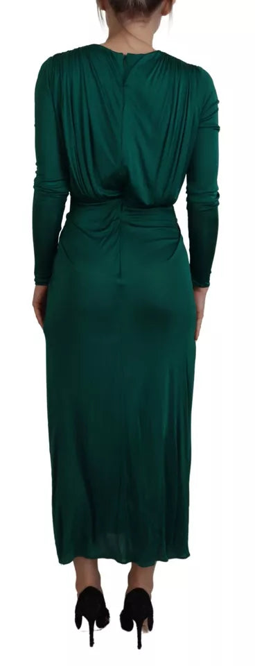 Dark Green Viscose Long Sleeve Midi Dress