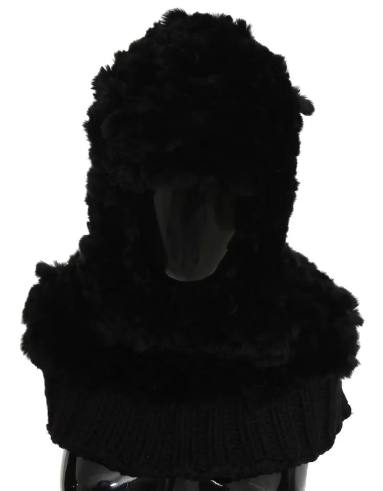 Black Silver Fox Fur Cashmere Hooded Scarf